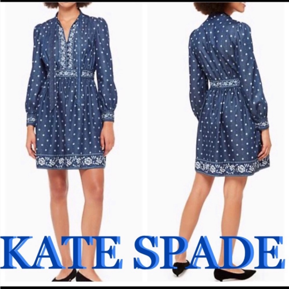 KATE SPADE Denim Bandana floral long sleeve mini dress size 4